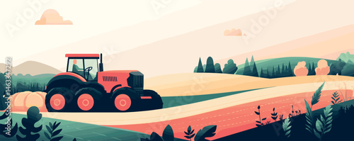 Red tractor on scenic farmland landscape with rolling hills and vibrant sky.