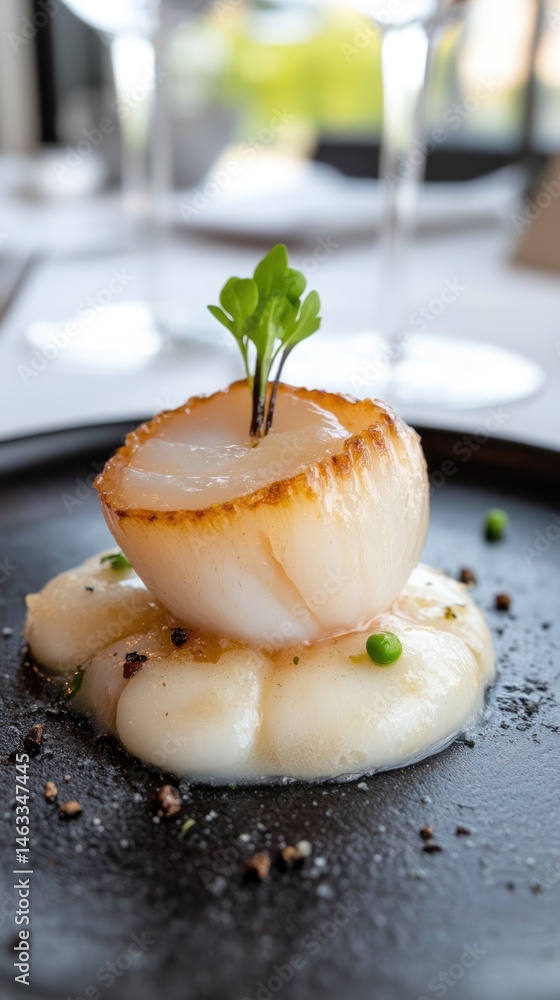 Gourmet delight: coquilles Saint Jacques, a refined dish presented in professional food advertising, exquisite seafood, elegance, and culinary expertise, showcasing luxury and sophisticated dining.