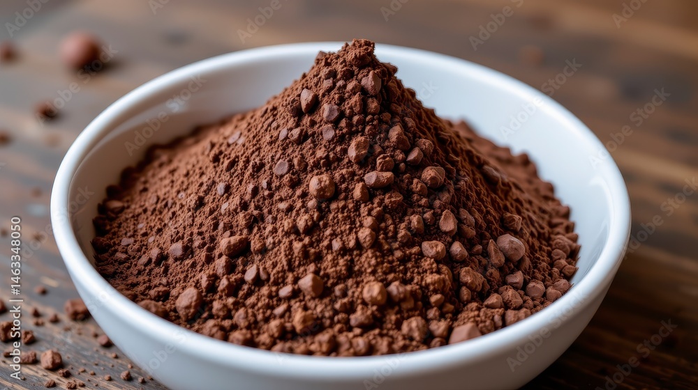 Ground Cocoa Powder in White Bowl on Wooden Surface, Perfect for Baking, Cooking, and Chocolate Recipes Ground Cocoa Powder in White Bowl on Wooden Surface, Perfect for Baking, Cooking, and Chocolate Recipes