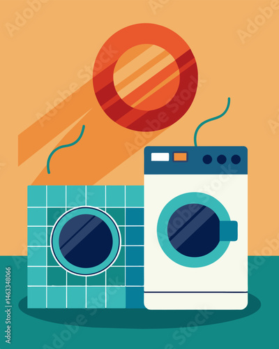 The hum of the washing machines blending seamlessly with the gentle swish of the solarpowered dryer.. Vector illustration
