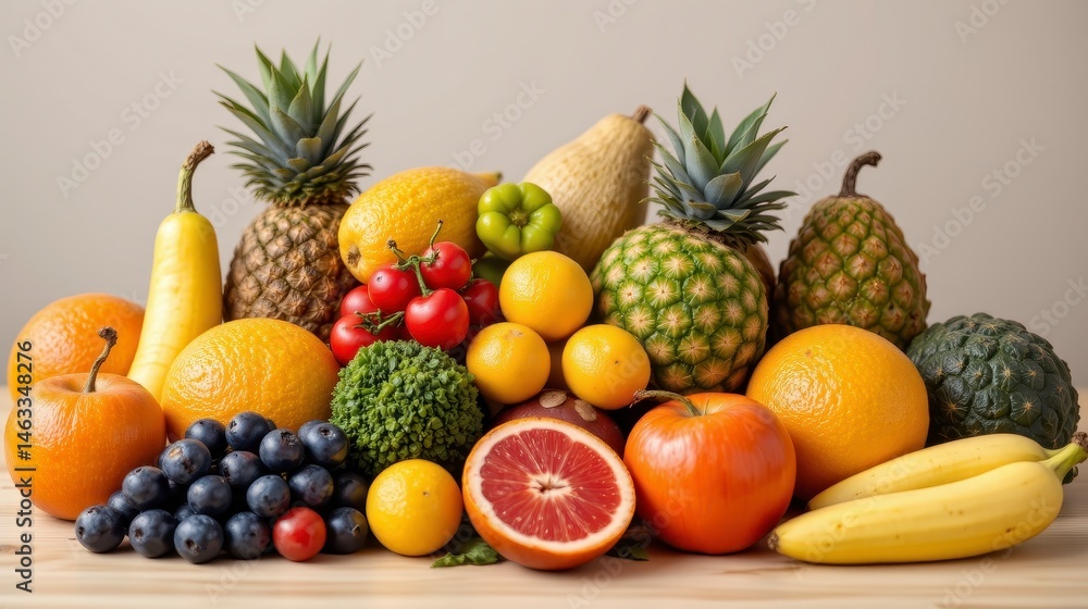 Vibrant Assortment of Fresh Fruits Including Pineapples, Oranges, Bananas, and Mixed Berries on Wooden Surface Vibrant Assortment of Fresh Fruits Including Pineapples, Oranges, Bananas, and Mixed Berries on Wooden Surface