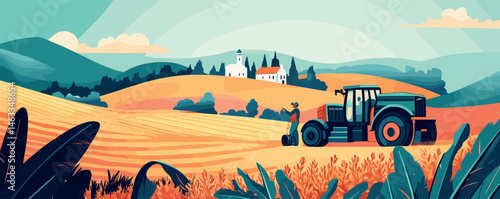 Farmer with tractor on vibrant hillside farm landscape under blue sky.
