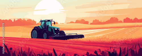 Tractor harvesting crops at sunset in vibrant fields with sunlit sky.