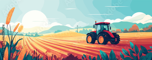 Red tractor on vibrant farmland during sunrise with scenic mountain background.