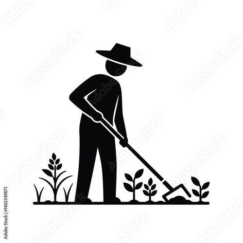 Simple black and white farmer working in a field with a hoe and crops