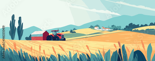 Tractor on golden wheat field with rolling hills and farm buildings in serene rural landscape.