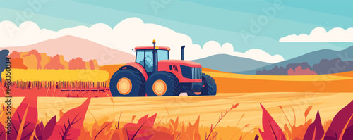 Red tractor in vibrant autumn landscape harvesting wheat under blue sky.