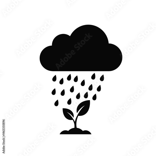 Black and white illustration of cloud raining on a growing plant seedling for environmental concepts