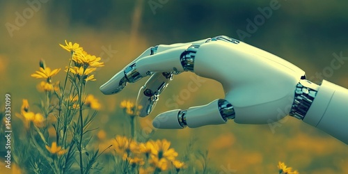 A Robotic Hand Gently Touches Vibrant Yellow Flowers in a Lush Field, Exploring the Intersection of Technology and Nature