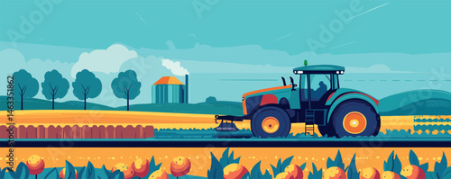Colorful farming scene with tractor in vast countryside field under sunny sky.