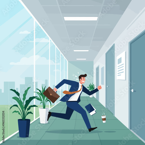 Businessman Running Urgently in Office Corridor with Papers Falling