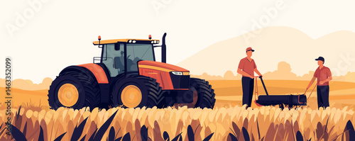 Farmers harvesting wheat with red tractor in summer field.