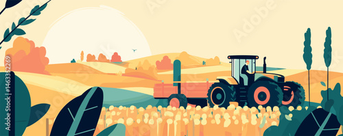 Farmer on tractor harvesting crops in vibrant countryside landscape at sunset.