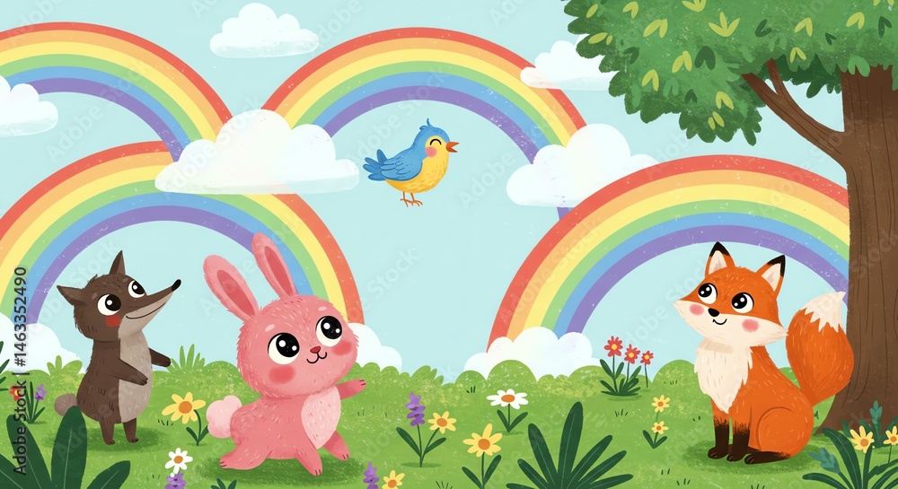 Fototapeta premium Cartoon animals with rainbows and bright sky