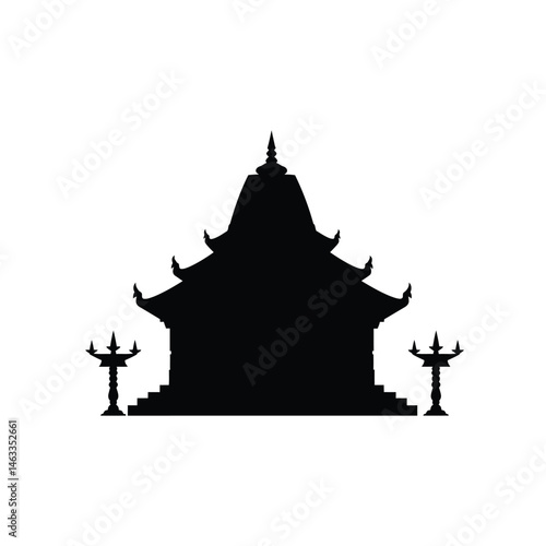 Silhouette of a traditional southeast asian temple isolated on a white background.