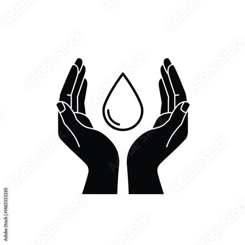 Hands protecting a water drop symbol representing water conservation and protection