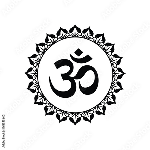 Black om symbol inside a circular mandala with floral decorative elements on white background