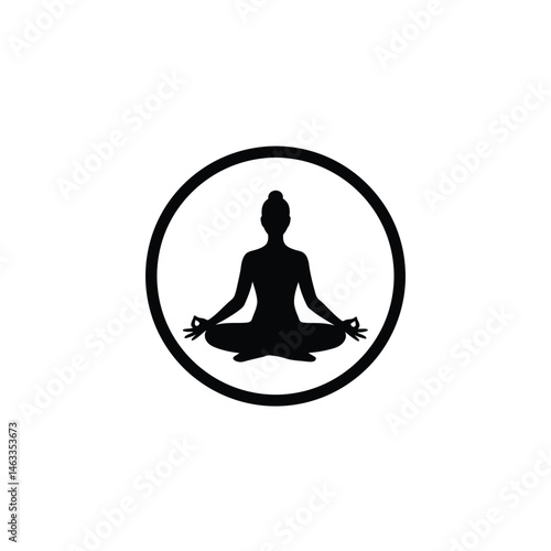 Silhouette of a person meditating in lotus pose within a circular frame symbol
