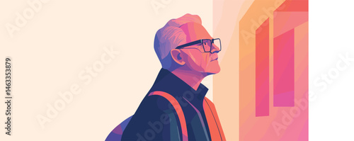 Elderly man in stylish glasses observing art: colorful vector illustration in side profile.