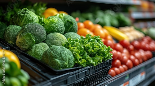 Fototapeta Naklejka Na Ścianę i Meble -  Vibrant display of fresh vegetables and fruits in a market setting or supermarket