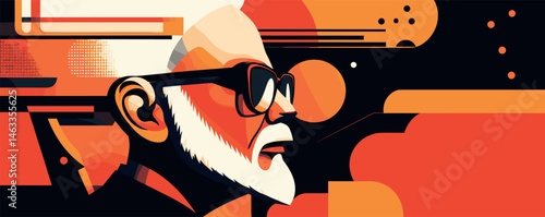 Abstract portrait of bearded elderly man in sunglasses with bold geometric shapes and vibrant colors.