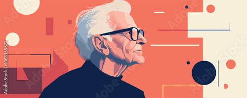 Elderly man in glasses facing sideways with abstract geometric background.
