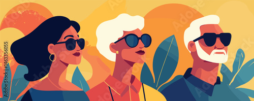 Stylish group of three mature adults wearing sunglasses in vibrant outdoors setting.