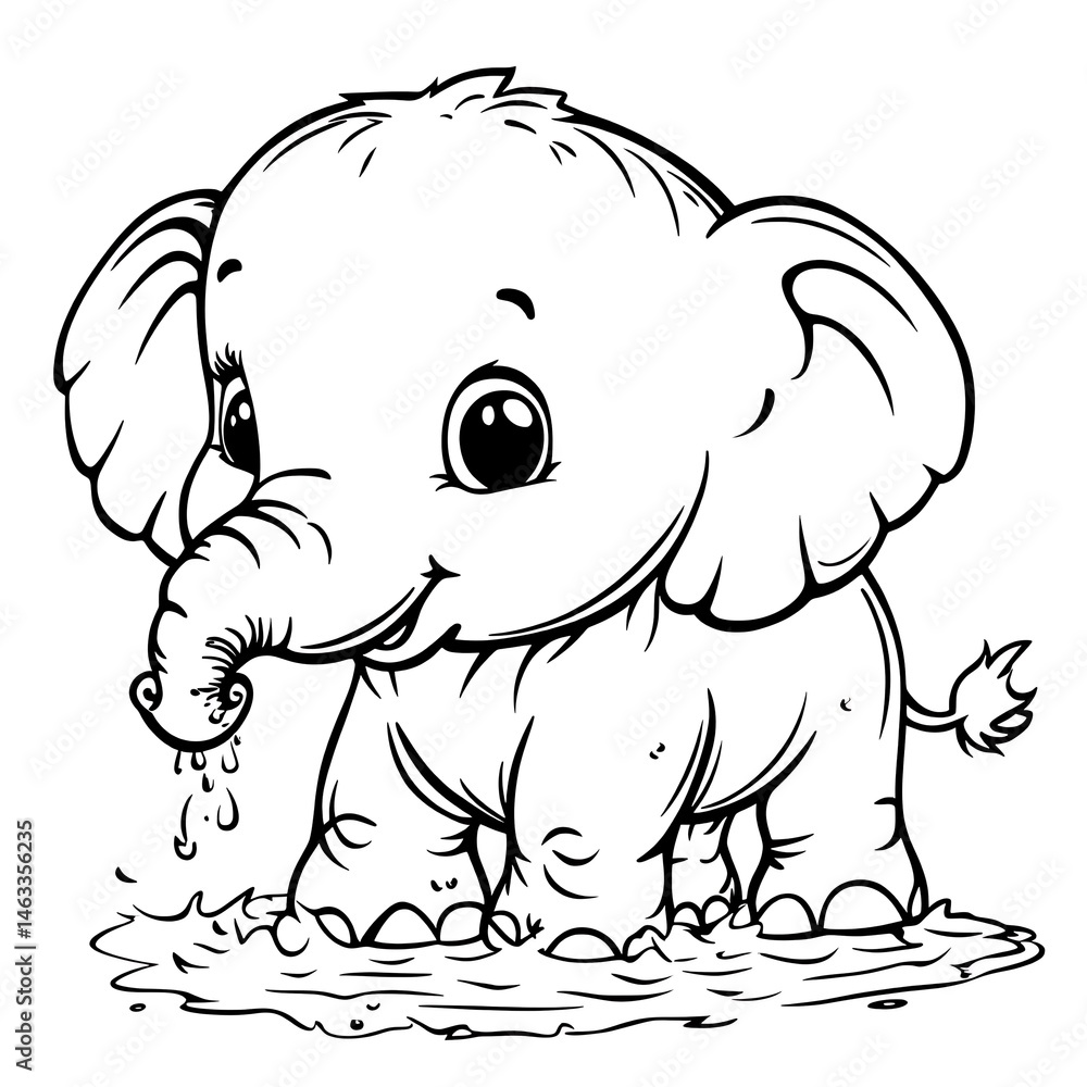 Fototapeta premium Cute Baby Elephant Spraying Water in Black and White Illustration