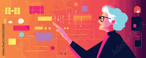 Elderly woman interacting with futuristic digital interface in vibrant colors.