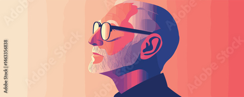 Colorful silhouette of bald elderly man with glasses in abstract art style.