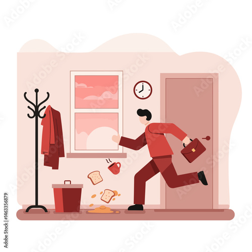 Rushing Man Late for Work with Spilled Breakfast Mess Illustration