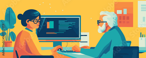 Collaborative office work: younger woman and older man discussing graphic design.