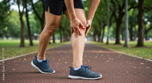 Man in park clutching his knee in apparent pain from a sports injury event