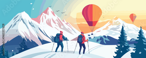 Adventurous hikers trekking in snowy mountains with hot air balloons at sunrise.