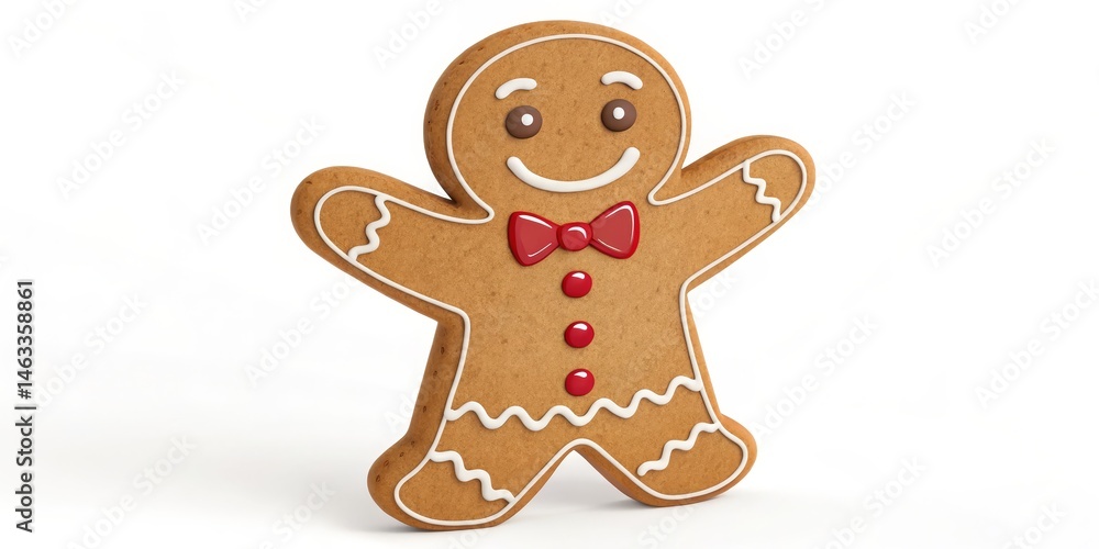 Obraz premium 3D Rendered Gingerbread Man Festive Cookie with Red Bow, White Background, Christmas Treat, Holiday Dessert. Gingerbread Man, 3D Render