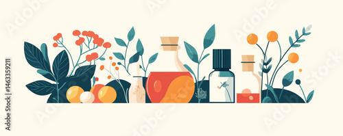 Herbal bottles and fresh ingredients surrounded by vibrant green leaves and colorful berries.