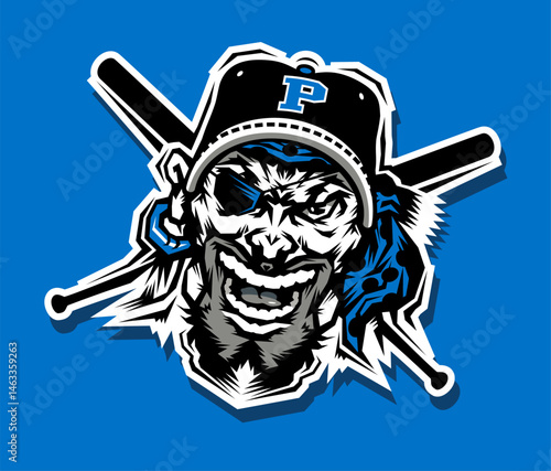 pirate mascot wearing baseball cap and crossed bats for school, college or league sports