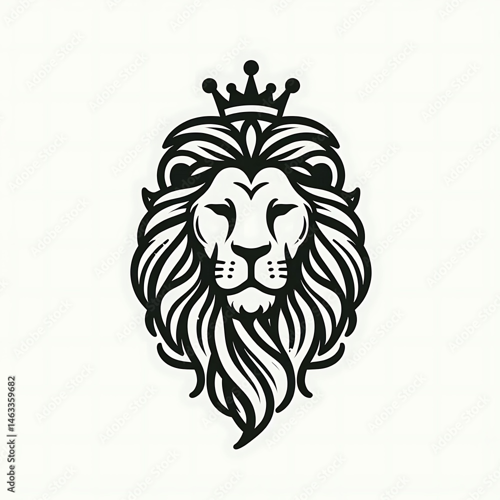 Obraz premium Crowned Lion Vector Illustration – Black and White Royal Beast Logo Perfect for Branding and Identity Design