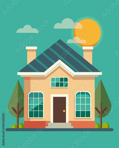 The charming colonial house was given a modern twist with the installation of solar panels providing a clean energy source while preserving its traditional façade.. Vector illustration