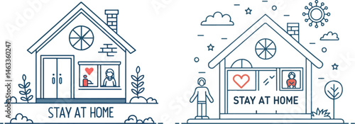 Stay At Home Line Art Vector Illustration Set