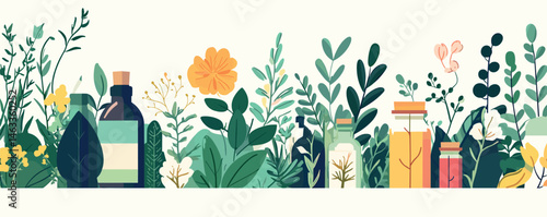Colorful botanical assortment with natural remedies and flowers in decorative arrangement.