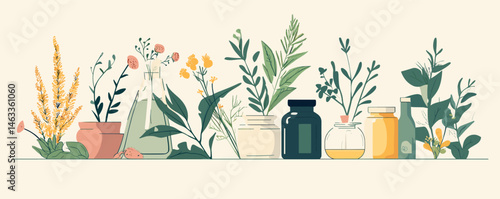 Assorted herbal plants and bottles for natural remedies and home décor.