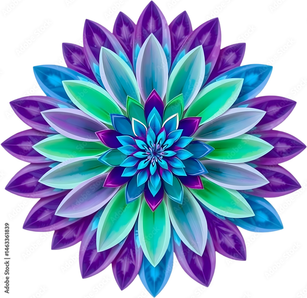 Fototapeta premium Symmetrical spiral floral bloom with blue-purple petals and green leaves.