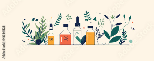 Assorted essential oils bottles with herbs and foliage on neutral background.