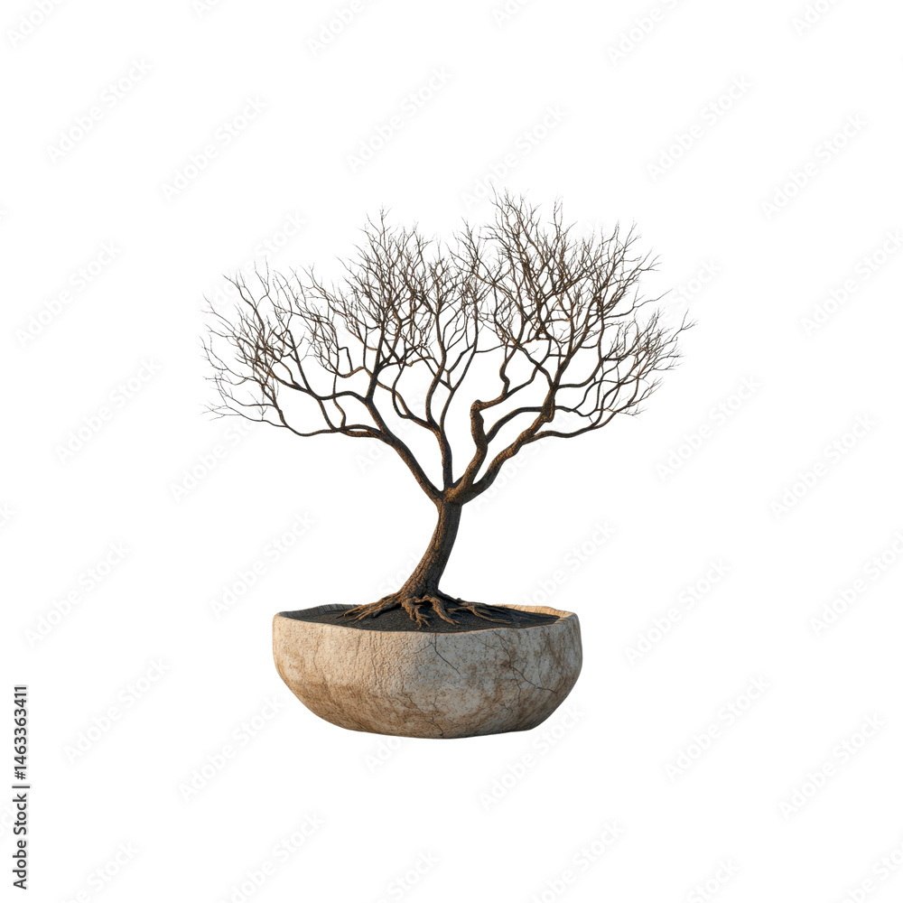 Obraz premium Serene Bonsai Tree in Stone Bowl - Minimalist Zen Garden Aesthetic