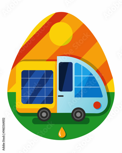Vibrant adaptable solar panels clinging to the curvature of a teardropshaped camper providing power on the go.. Vector illustration