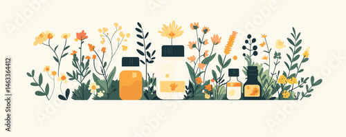 Colorful botanical arrangement with essential oil bottles in a vibrant garden setting.