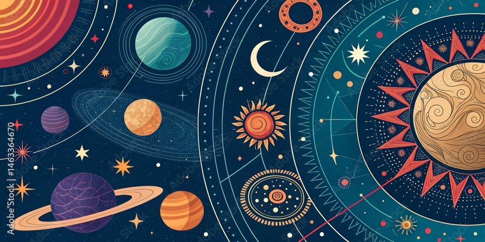 Celestial Composition Ornate Planets, Stars and Cosmic Orbits, Illustration, space, astronomy Celestial Composition Ornate Planets, Stars and Cosmic Orbits, Illustration, space, astronomy