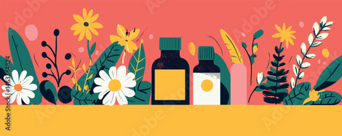 Colorful botanical illustration with essential oils amidst flowers and leaves.
