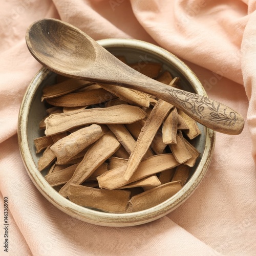 Dried Licorice Root Pieces in Bowl With Wooden Spoon